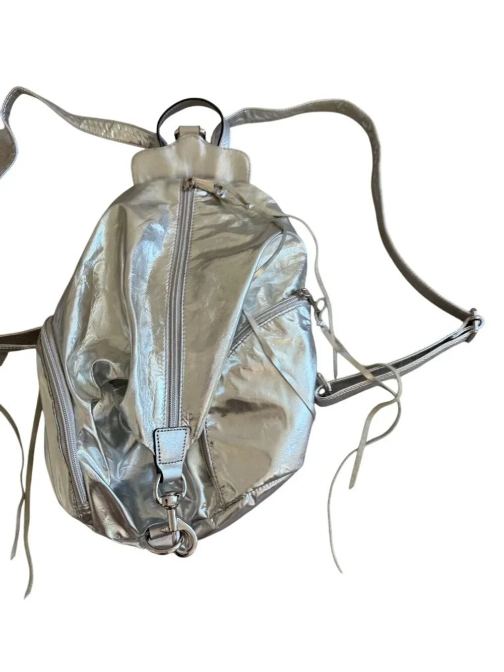 REBECCA MINKOFF Silver Metallic Zip Backpack